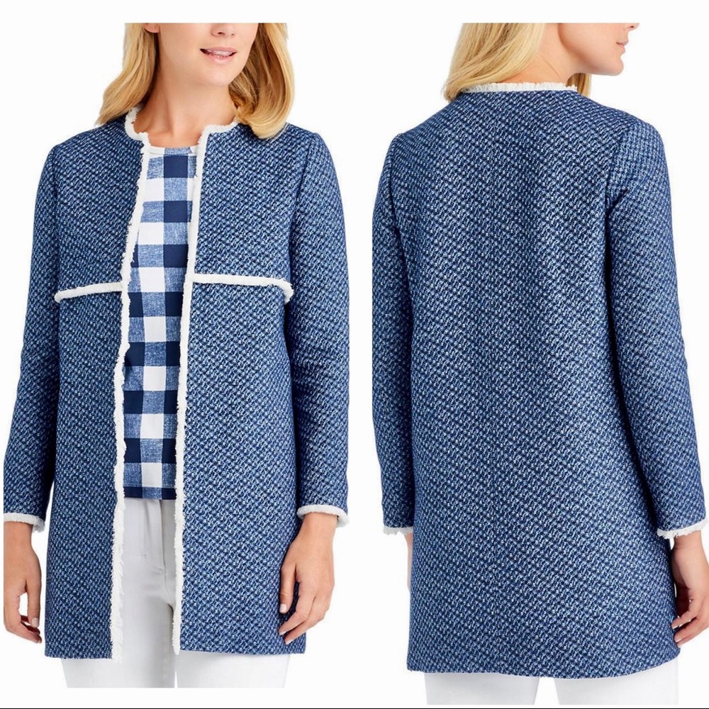 J. McLaughlin Fringed Tweed Coat Women’s Size S Hook & Eye Closure Midi Trench